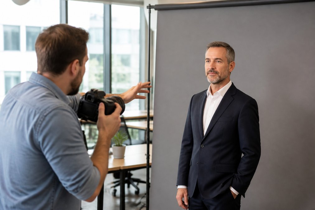 A professional photographer directing a corporate executive during a headshot session in a modern office with studio lighting and a neutral backdrop