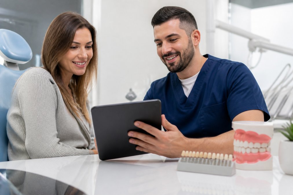 A dentist and patient reviewing a smile makeover plan on a tablet in a bright, modern dental office, with dental models on the desk