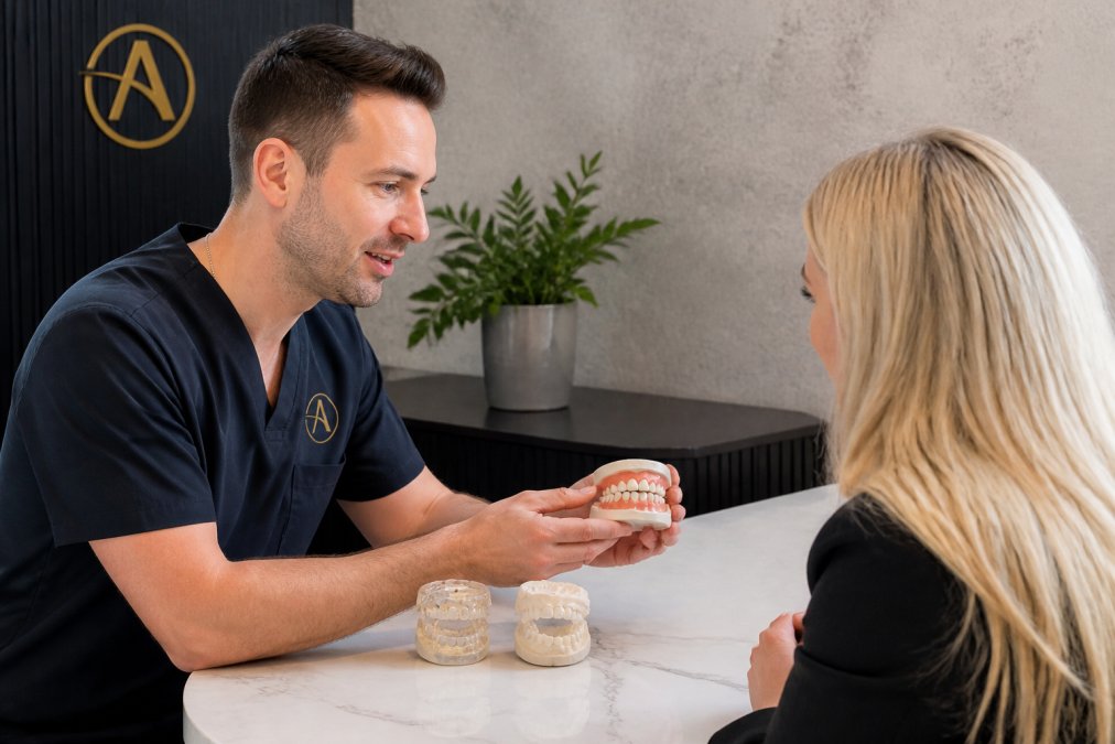A cosmetic dentist and patient reviewing a digital smile design on a screen in a modern clinic.