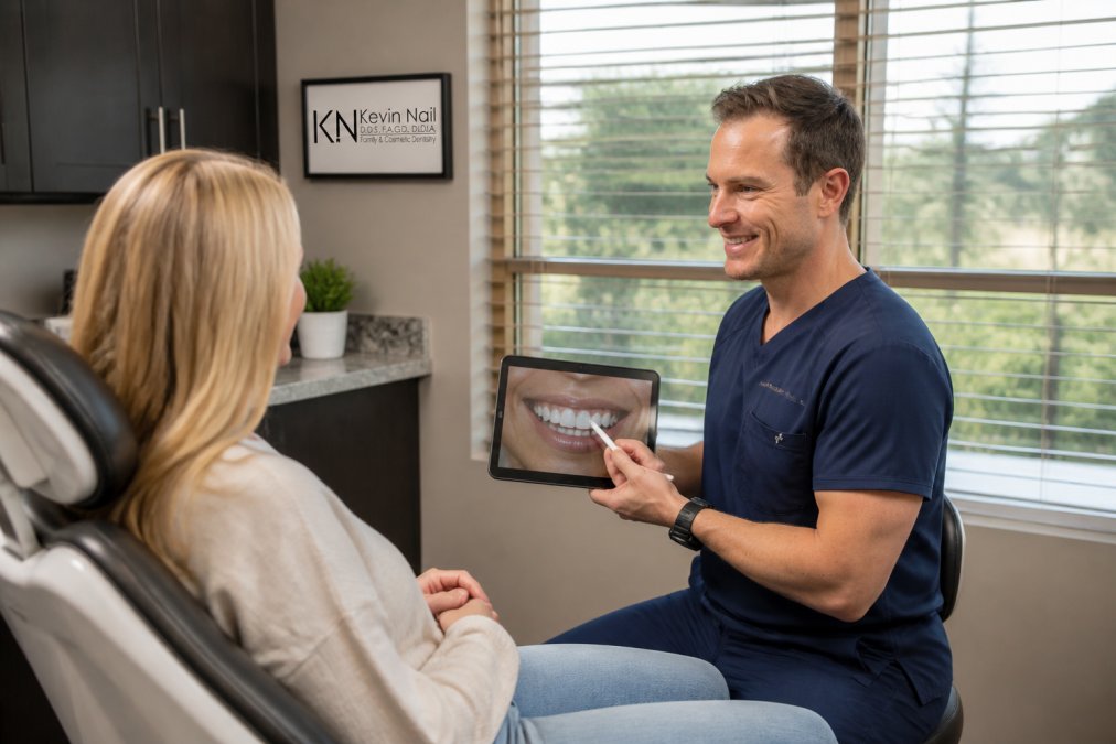 Patient seated in modern dental chair during consultation, dentist showing digital smile design on tablet screen, warm clinical lighting with professional environment