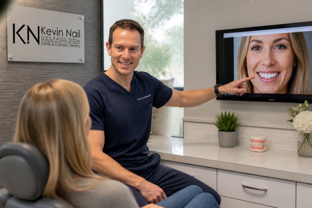 Professional dentist showing patient digital smile design imaging on monitor in modern bright dental treatment room with contemporary equipment
