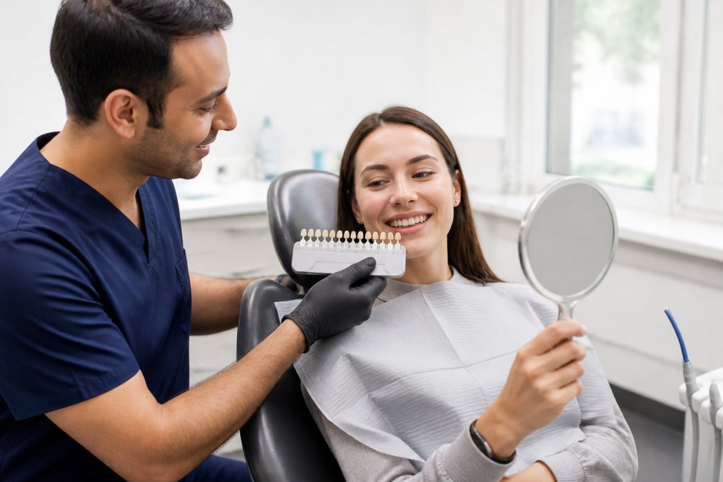 Dentist in navy scrubs holding a shade guide next to a patient's smile in a bright modern dental operatory, soft natural window light