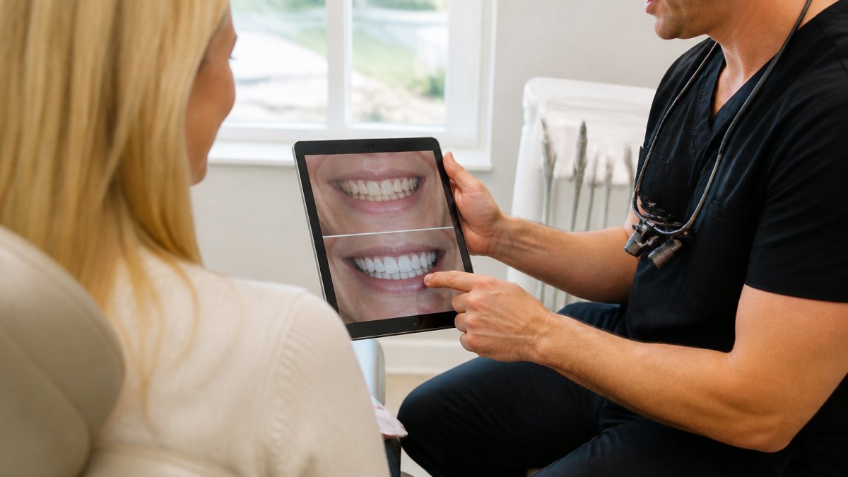 Process flowchart for a cosmetic dentist Tampa patient consultation showing a digital smile transformation