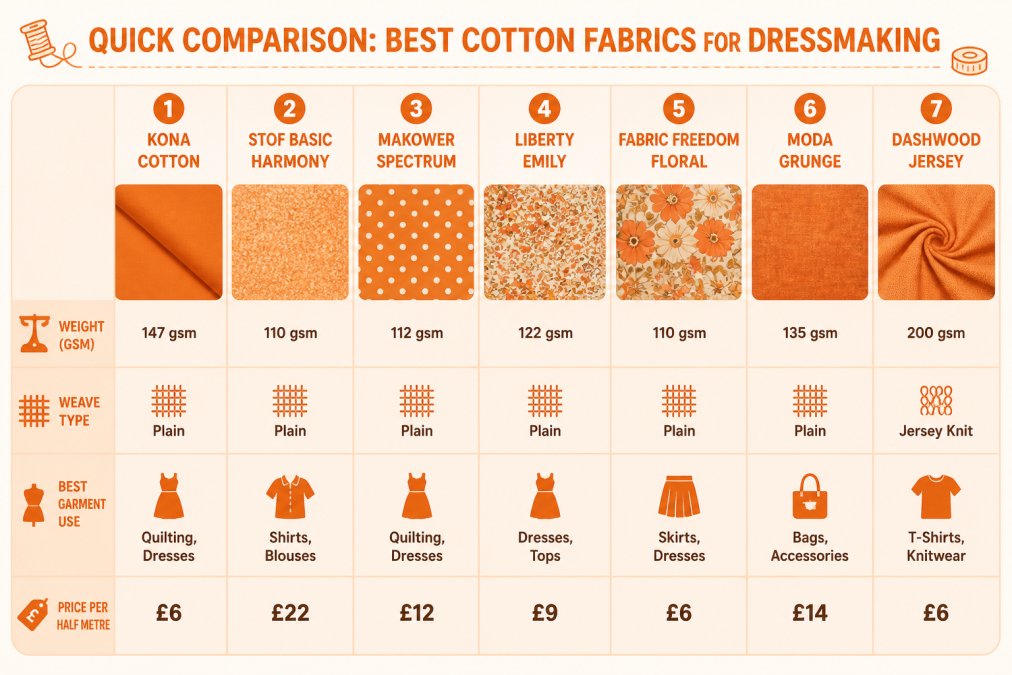 Comparison matrix of seven cotton fabrics showing weight in gsm, weave type, best garment use and price per half metre: Kona Cotton £6, Stof Basic Harmony £32, Makower Spectrum £12, Liberty Emily £9, Fabric Freedom Floral £6, Moda Grunge £14, Dashwood Jersey £6