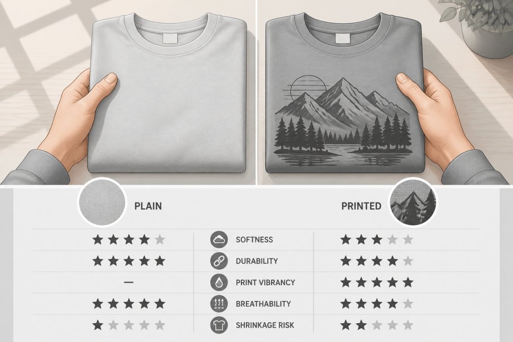 Diagram comparing the texture and print quality of plain versus graphic cotton t-shirts