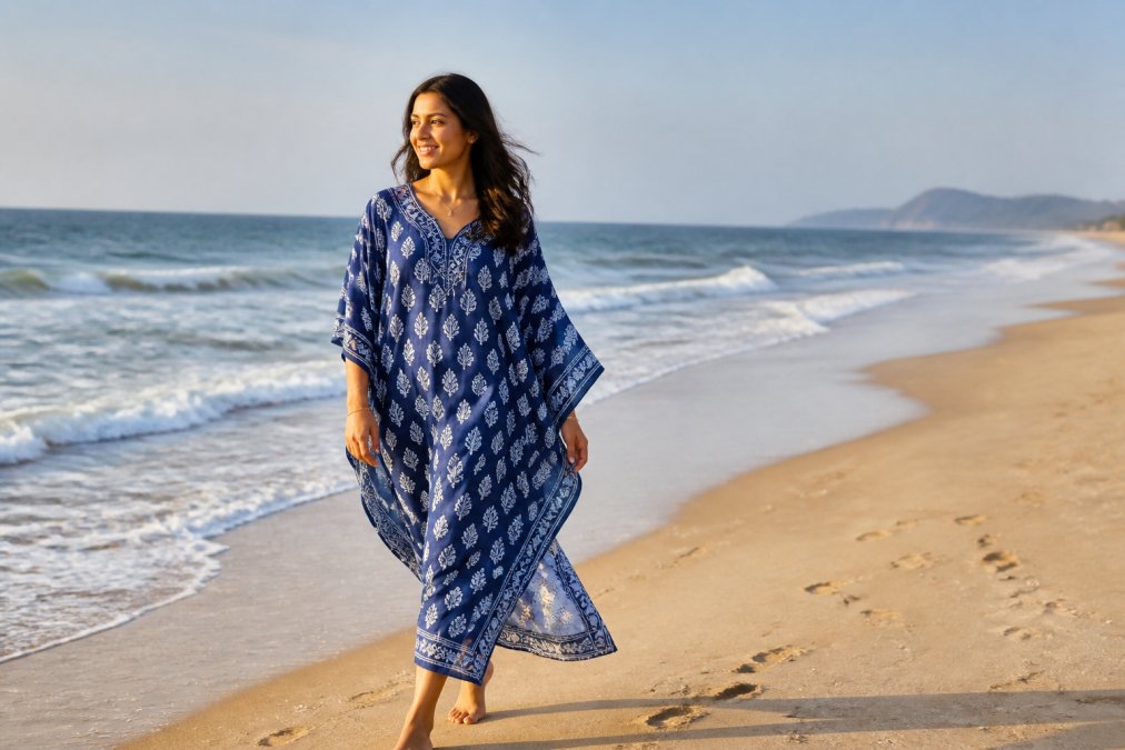 A woman in a flowing indigo blue cotton kaftan walking along a sunny beach shoreline, the fabric moving in the breeze with ocean waves in the background