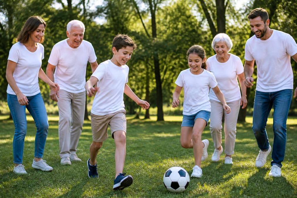 Multi-generational family wearing matching cotton athletic tees while playing outdoors together, showing kids and adults in comfortable, breathable shirts during active play in natural sunlight