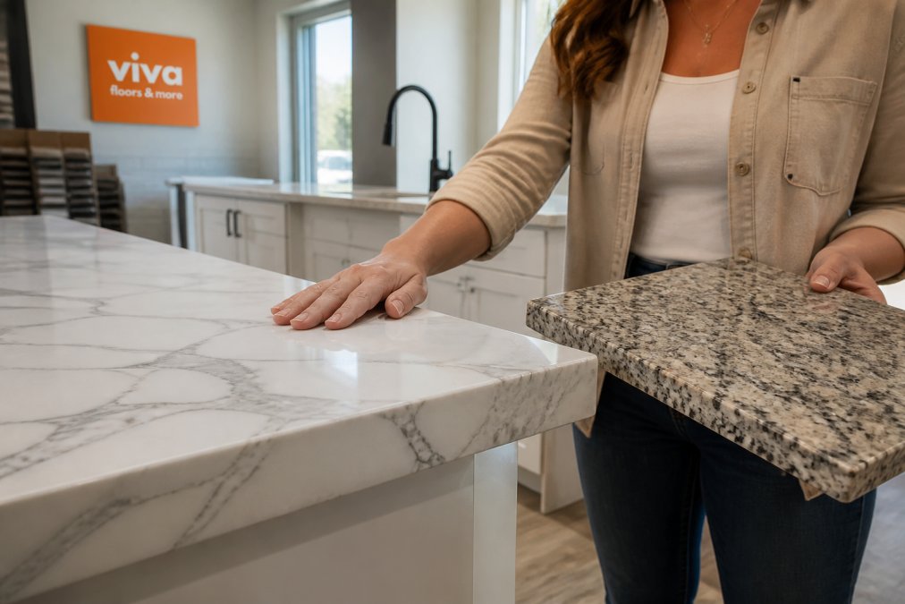 A bright kitchen with white quartz countertops and gray veining, a homeowner running a hand along the polished edge while comparing it to a granite sample held in the other hand