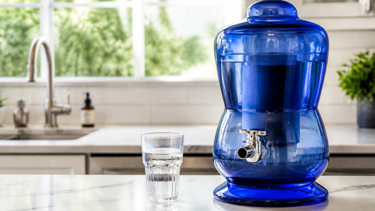 A hand-blown blue glass bench top water filter sitting on a clean kitchen counter with a glass of water beside it and a bright window behind