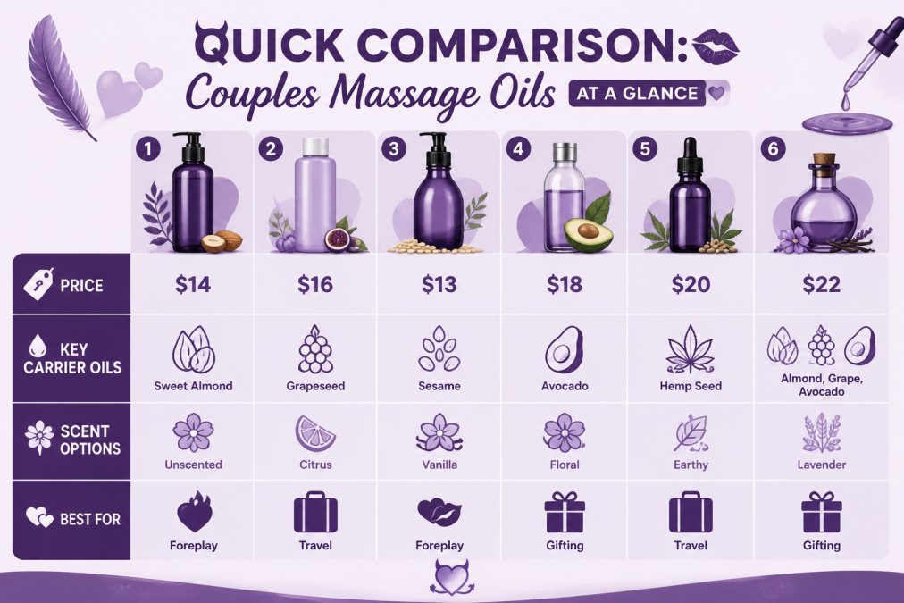 Comparison matrix of six couples massage oils showing price, key carrier oils including sweet almond, grapeseed, sesame, avocado and hemp seed, scent options, and best-for use case across foreplay, travel, and gifting