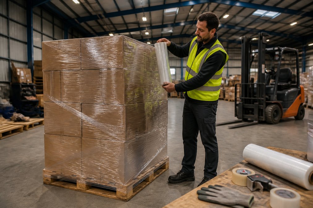 A warehouse worker in a high-visibility vest wrapping a stacked pallet with stretch film, forklift parked in the background under overhead lighting