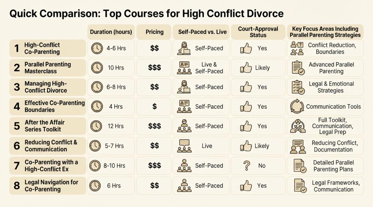 Feature comparison matrix showing 8 high-conflict co-parenting courses with columns for duration (hours), pricing, self-paced vs. live options, court-approval status, and key focus areas including parallel parenting strategies