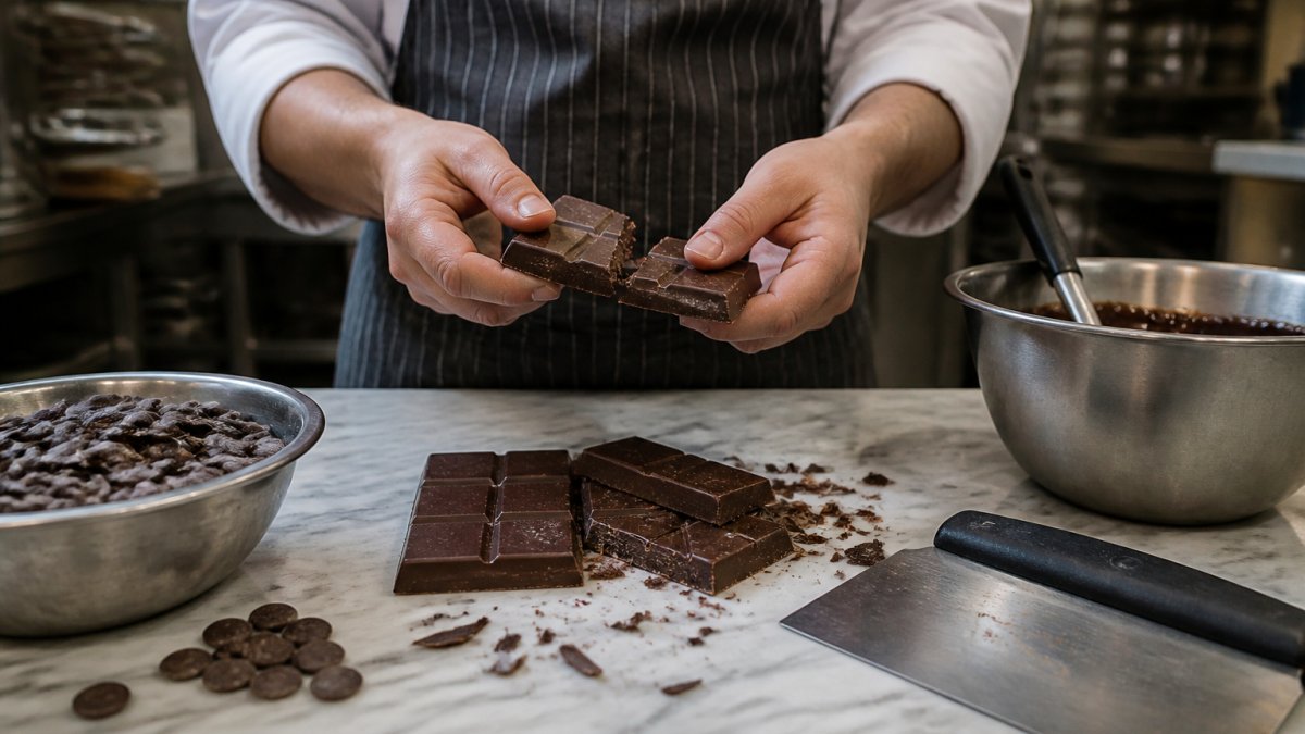 A pastry chef's hands breaking a bar of couverture chocolate over a marble counter, with callets and a tempering spatula visible nearby in a professional kitchen
