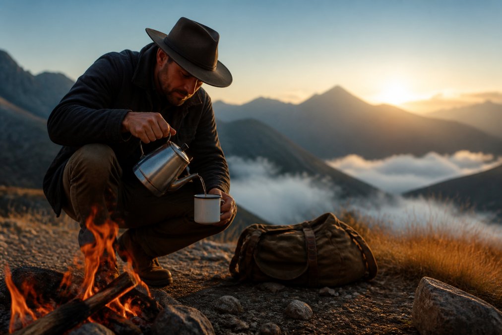 Hiker crouched beside a campfire in early morning light, pouring hot water from a metal kettle into an enamel mug filled with coarse coffee grounds, mountains visible in misty background at sunrise