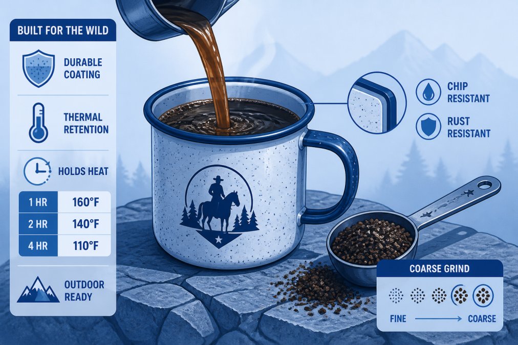 Close-up of a weathered enamel camping mug with coffee being poured into it, showing the thermal retention properties and durable coating, alongside coarse coffee grounds in a metal measuring spoon on a rugged outdoor surface