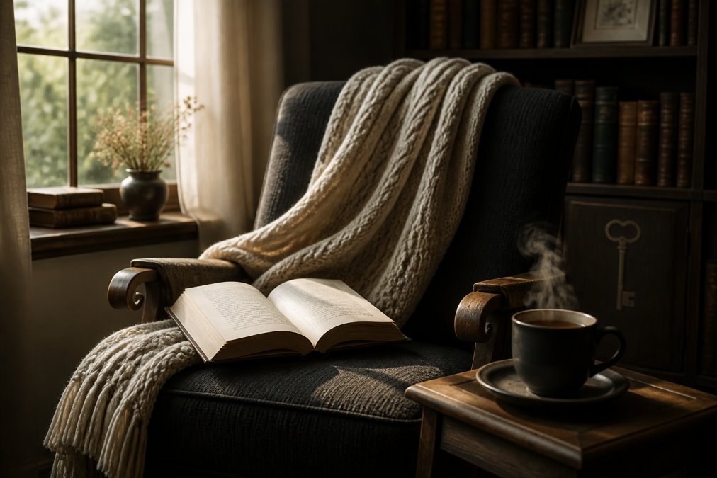 A cozy reading nook featuring an open cozy mystery novel on a soft armchair, steam rising from a mug of tea beside it, a cashmere-like throw blanket draped over the chair back, and warm natural light from a nearby window
