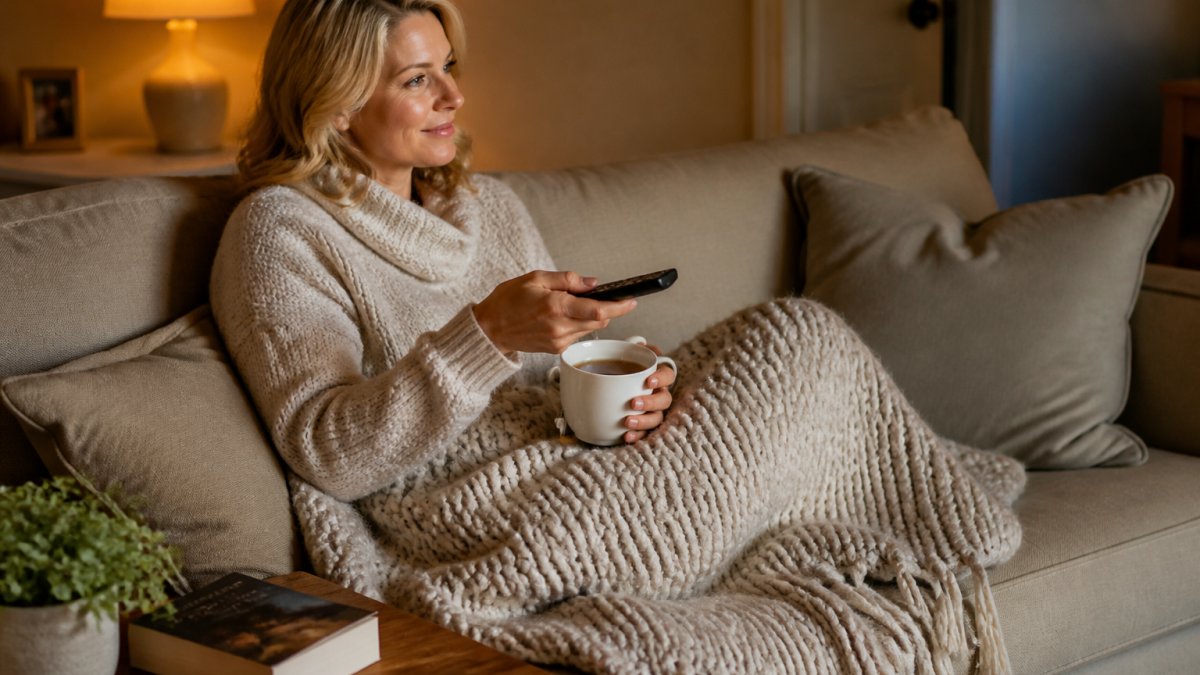 A woman in her forties curled up on a couch under a knit blanket with a remote, a mug of tea, and a paperback mystery on the side table, warm evening lamplight
