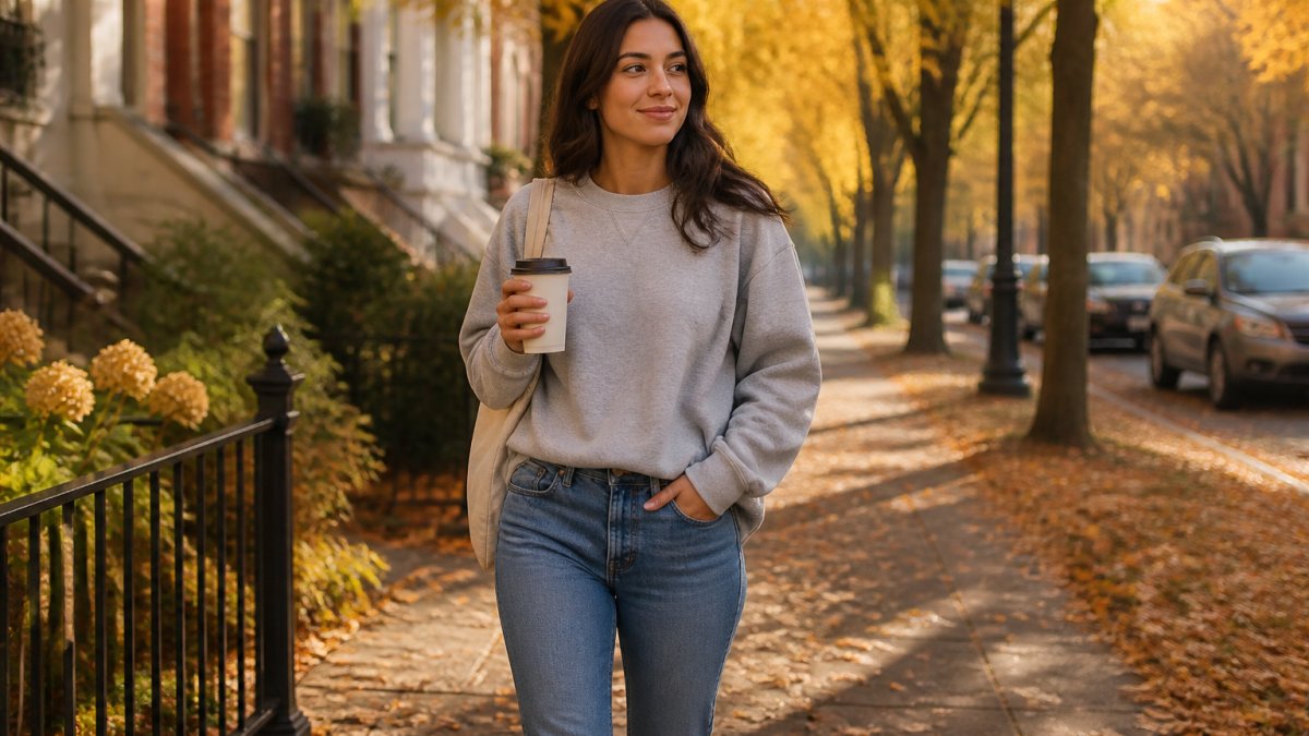 A young woman in a soft crewneck sweatshirt and jeans walking a leaf-strewn sidewalk on a crisp autumn morning, holding a coffee cup, warm golden light
