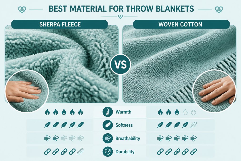 Close-up of plush sherpa fleece texture next to woven cotton blanket showing visible weave pattern and hand-feel differences, natural window lighting
