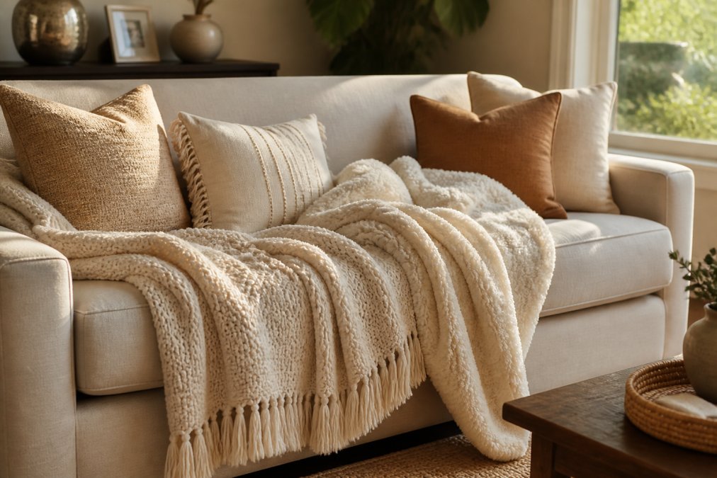 Cozy living room with woven cotton and sherpa fleece throw blankets artfully draped over a comfortable sofa, layered with decorative pillows, warm afternoon sunlight streaming through a window