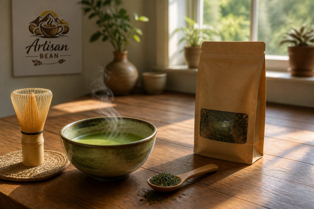 Steaming cup of matcha tea with a bamboo whisk on a cozy kitchen counter in soft morning light