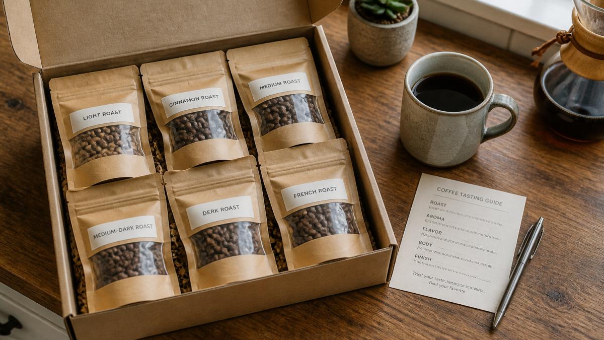 Infographic showing the contents of a six-sample coffee gift box including tasting cards and brewing gear.