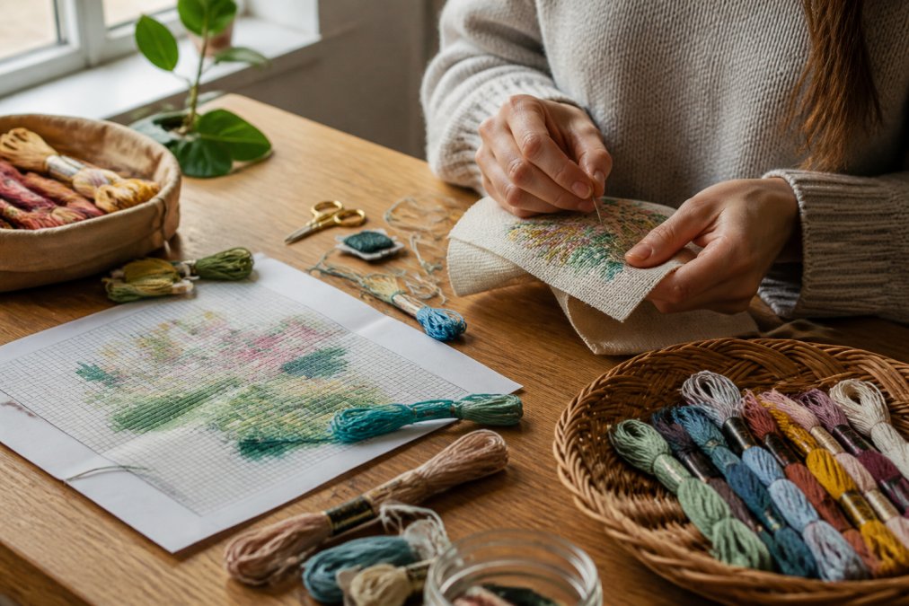 A close-up of a person's hands working on a needlework craft kit at a wooden table, with colourful threads and a printed pattern visible, soft natural light from a window