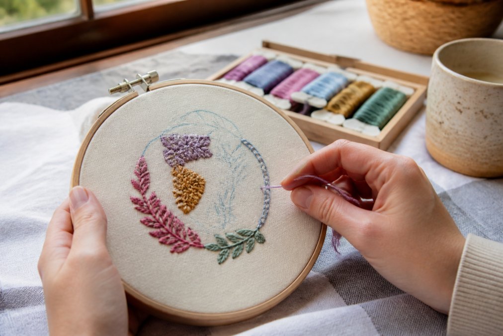 Close-up of hands holding embroidery hoop with colorful thread and partially completed stitched pattern on cream fabric, natural window lighting