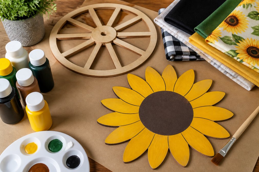A bright craft table with a painted sunflower wood cutout, a wagon wheel cutout, fabric swatches, acrylic paint bottles, and a brush, ready for a home decor project