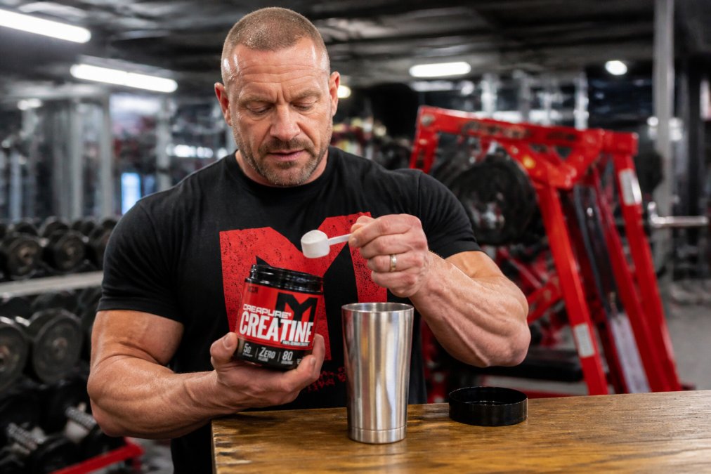 Athlete in modern gym setting holding a container of creatine powder, preparing to mix a serving with water in a metal shaker bottle under bright fluorescent lighting