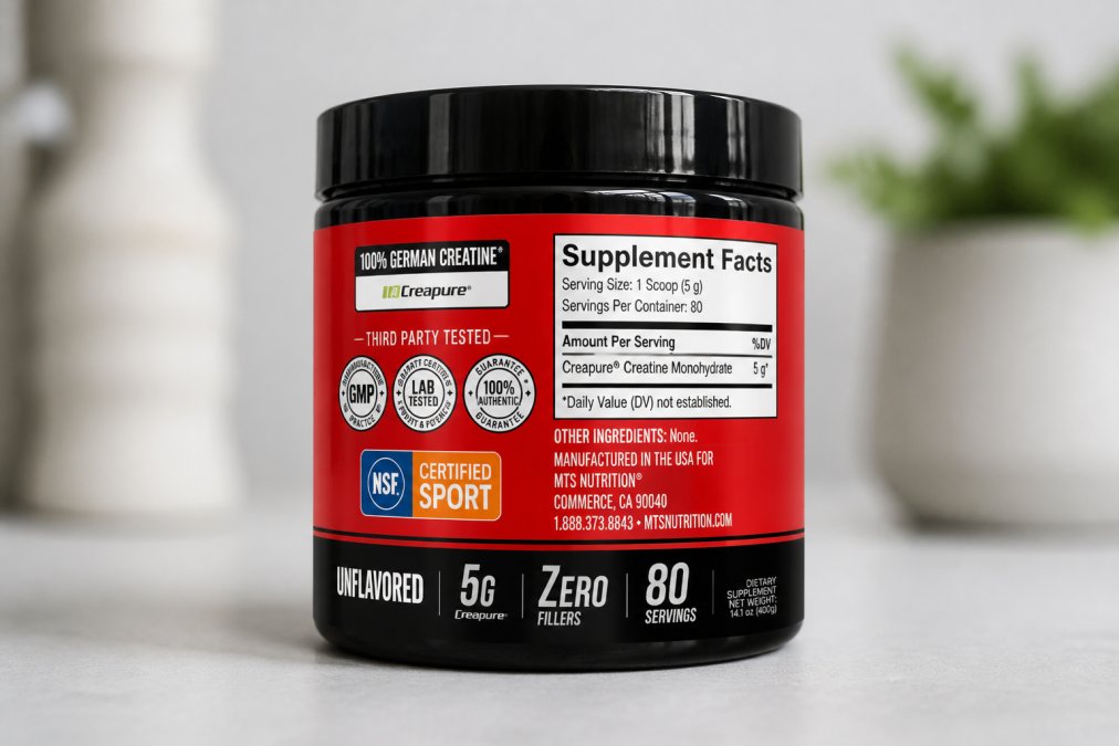 Close-up of supplement label showing purity certifications, third-party testing badges, NSF Certified for Sport seal, and detailed ingredient list on white background with natural lighting