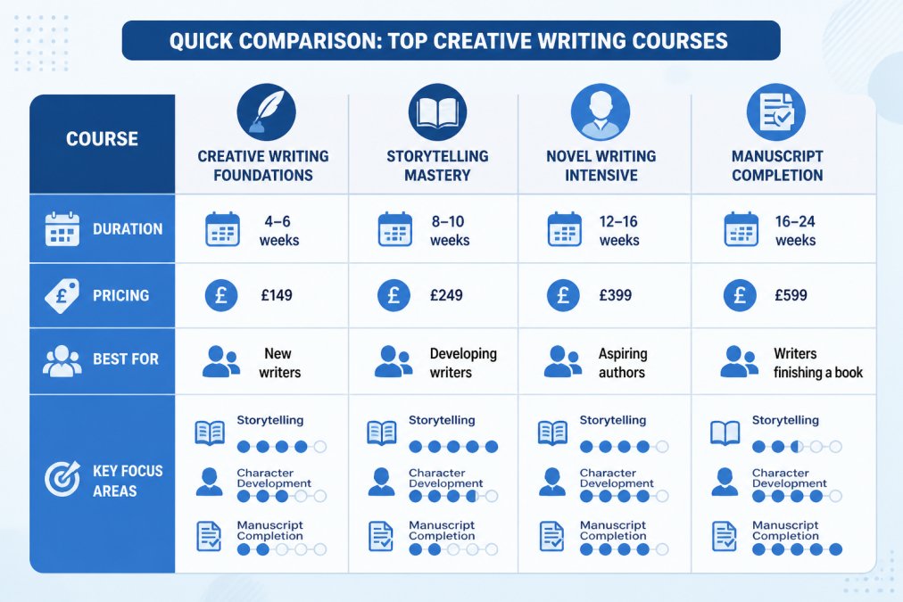 Feature comparison matrix showing course duration, pricing, best-for audience, and key focus areas (storytelling, character development, manuscript completion) for each course option