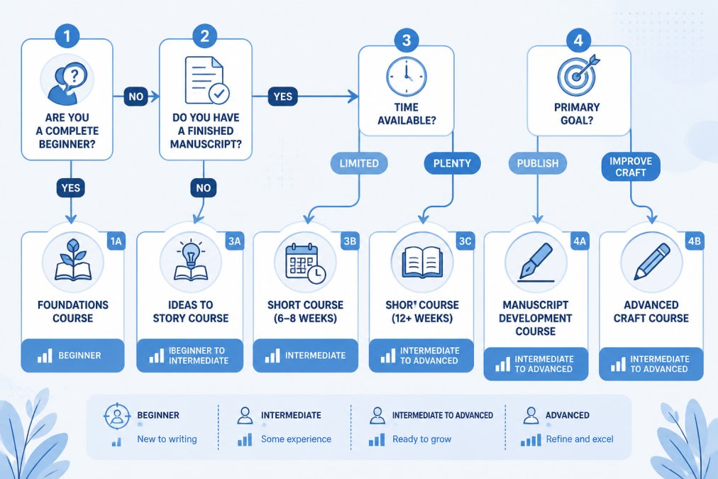 Decision flowchart: Start with 'Are you a complete beginner?' → branches to 'Do you have a finished manuscript?' → leads to specific course recommendations based on time availability and goals