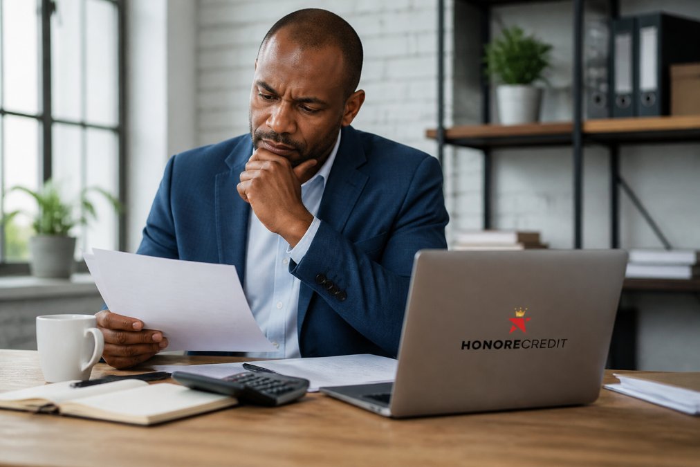Small business owner reviewing credit report on laptop at desk with documents and calculator nearby, natural office lighting