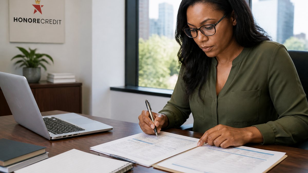 Professional reviewing credit report documents at desk with laptop and notepad, focused expression, natural office lighting