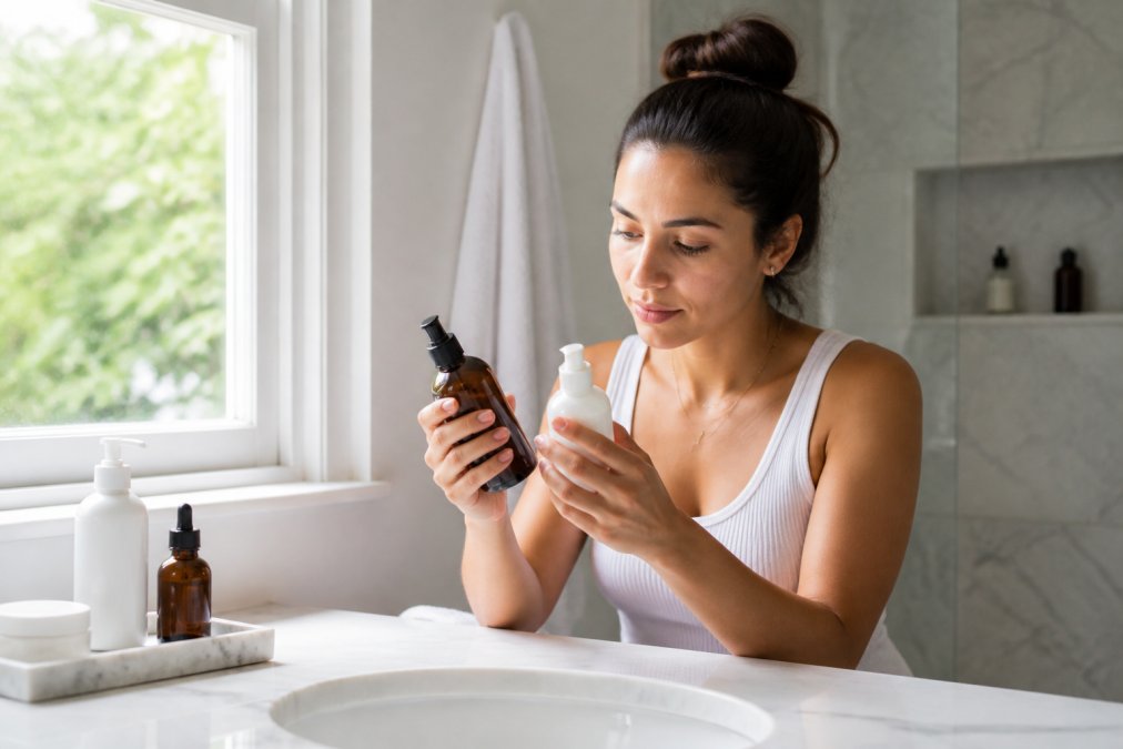 A woman in her late 20s sitting at a bright bathroom vanity, holding two skincare bottles side by side and comparing labels, with natural light coming through a window