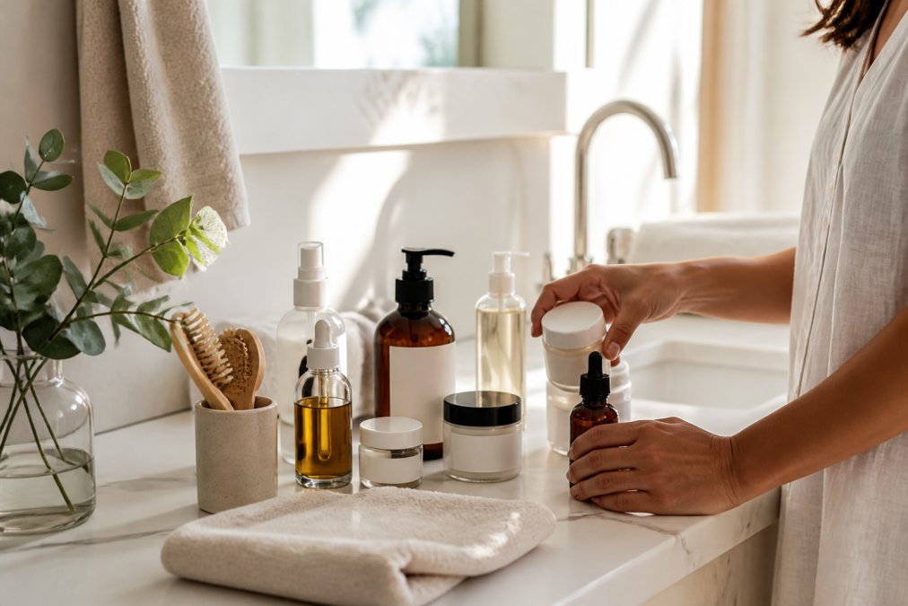 Person arranging clean beauty skincare products on a white bathroom counter with natural morning light, showing serums, moisturizers, and cleansers with visible ingredient labels and glass bottles