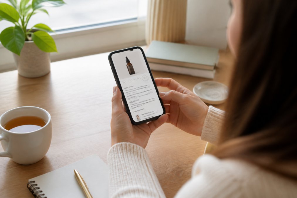 Person holding smartphone displaying a clean beauty product page with detailed ingredient information and dermatologist recommendation badge visible on screen, sitting at a desk with natural light
