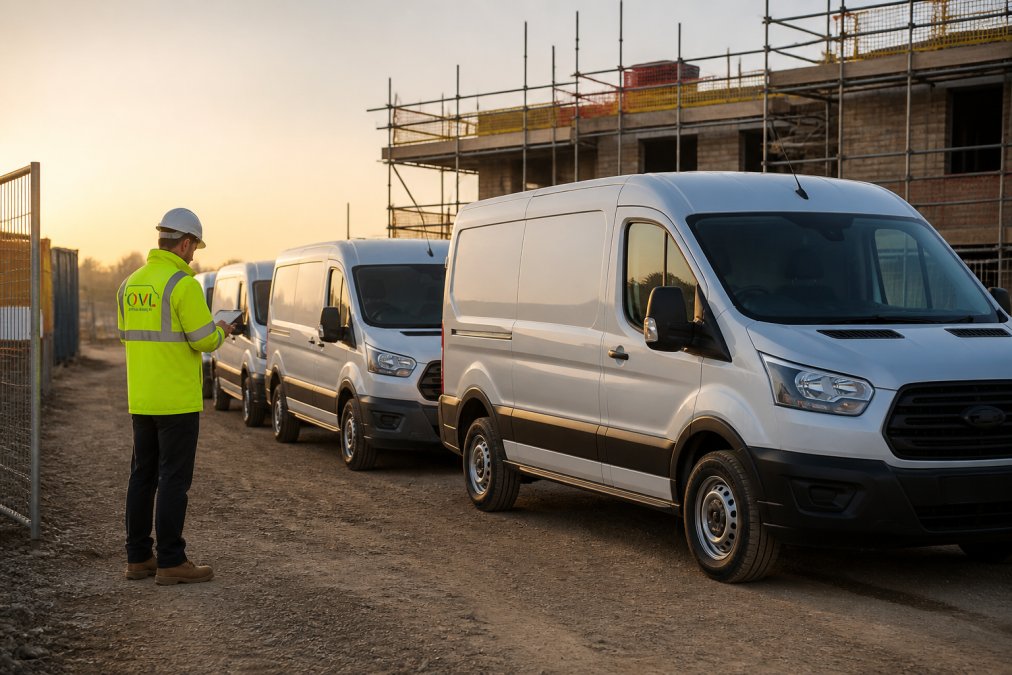 A row of clean crew cab vans parked on a construction site access road, with a site supervisor in high-visibility clothing inspecting the vehicles in early morning light