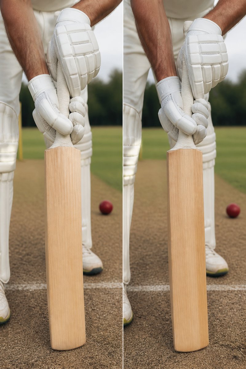 Close-up of a cricketer's gloved hands gripping the handle of an English willow cricket bat at the crease, with a red ball visible in the background