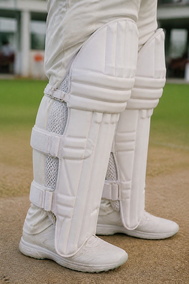 Close-up of premium cricket batting pads displayed on player showing detailed padding construction, reinforced straps, and breathable mesh panels in professional cricket setting