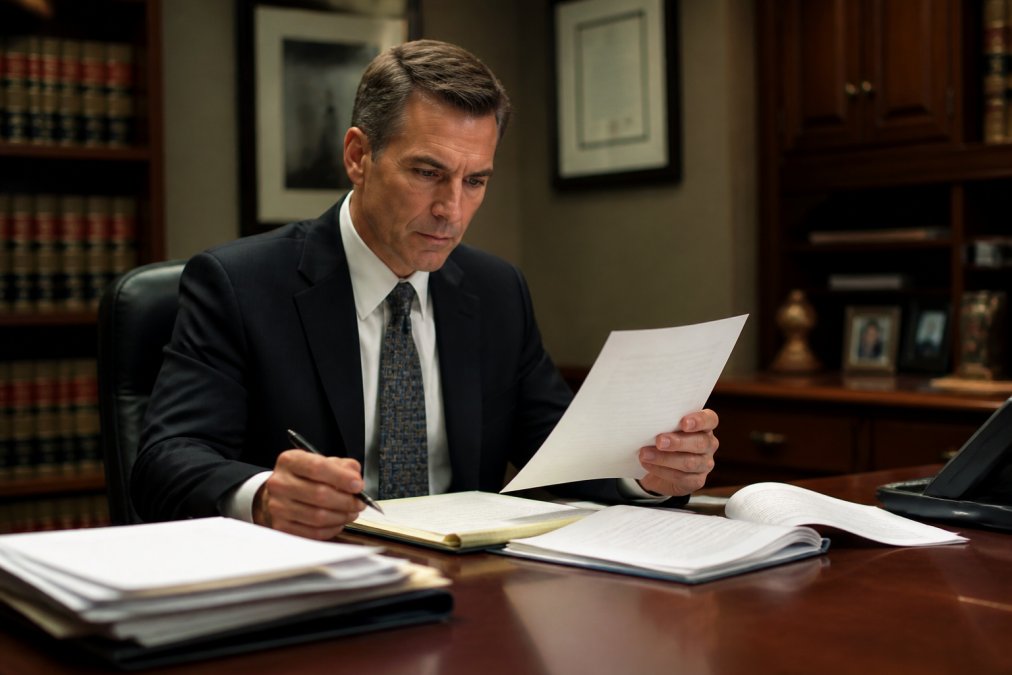 Attorney in dark suit reviewing case files and legal documents at wooden desk in modern law office, with serious focused expression and soft overhead lighting