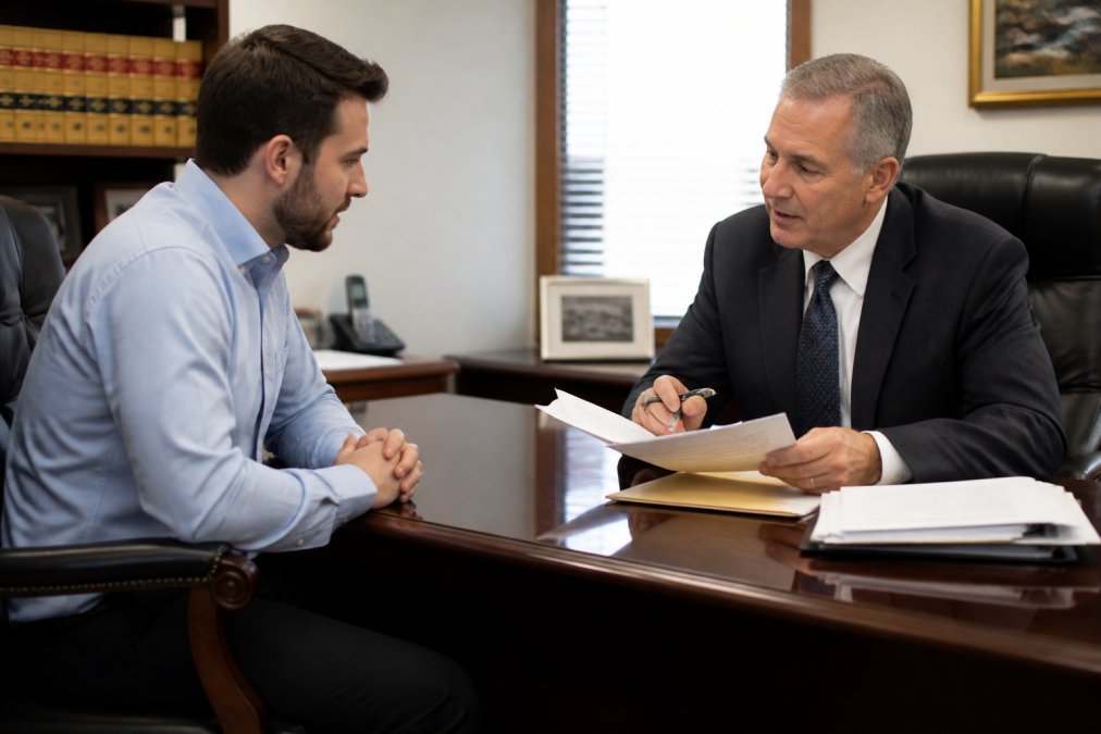 Client in business casual attire sitting across from attorney at desk in consultation room, reviewing legal documents and discussing case strategy with engaged expression