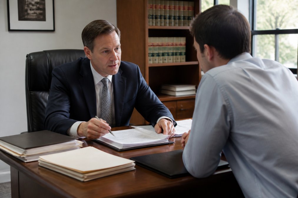 Professional criminal defense attorney in business suit meeting with client in modern law office consultation room, case files and legal documents on desk, natural lighting from office windows
