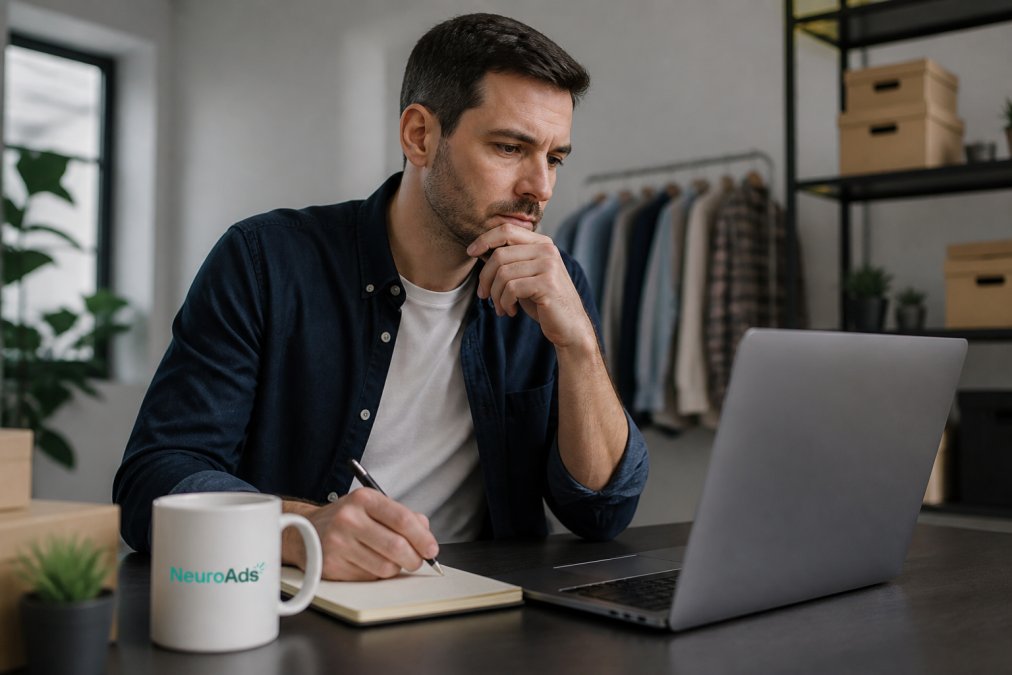 Small business owner reviewing advertising dashboard and performance metrics on laptop at desk with coffee and notebook