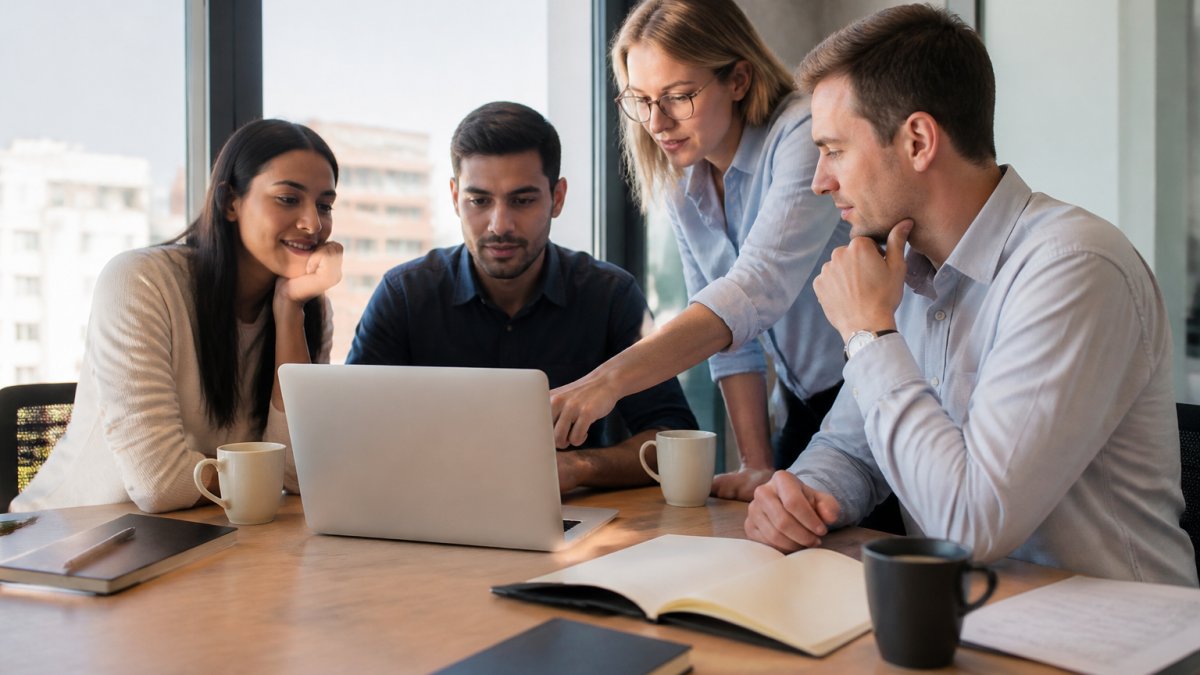 Small business team reviewing customer data on a laptop to find the best CRM email integration for small business in New