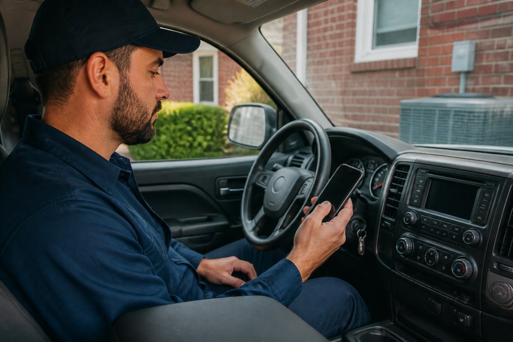 HVAC technician in truck cab using smartphone to view job assignments and real-time route updates, with GPS map displayed on screen