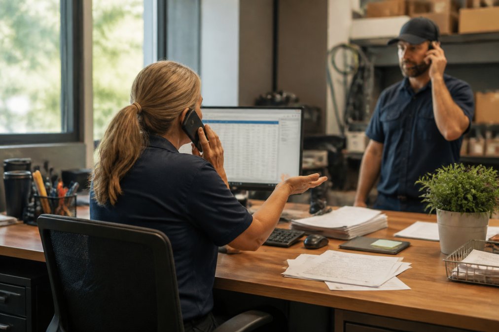 Office manager at desk reviewing CRM software on computer monitor while speaking with technician on headset, with papers and notes scattered nearby