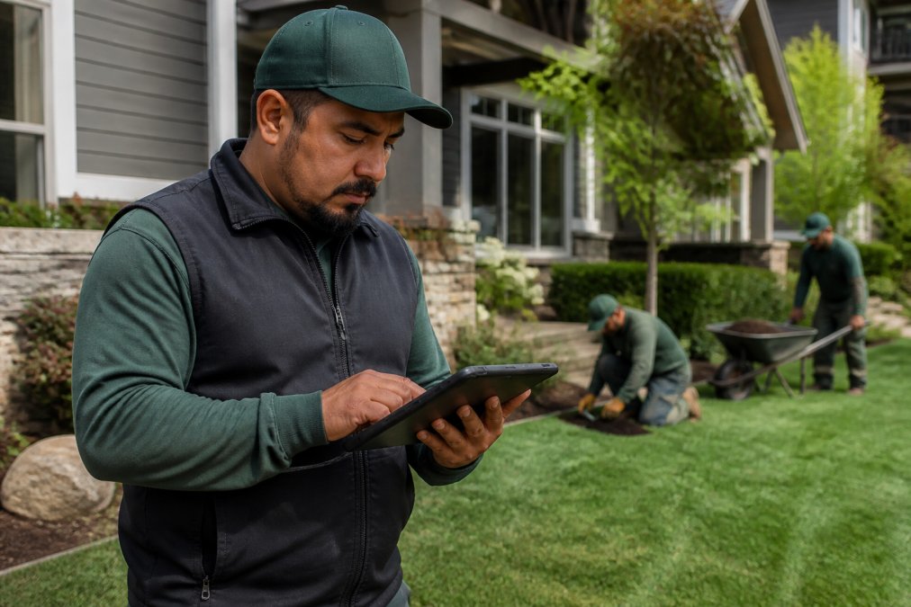 Landscaping crew manager reviewing job schedules and customer data on a tablet while standing in a yard with crew members working in the background
