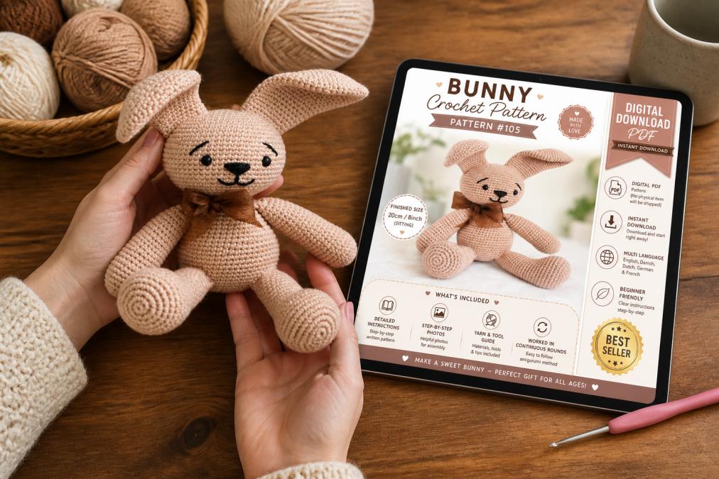 Crafter's hands holding a finished amigurumi bunny toy next to an open crochet pattern PDF on a tablet, with yarn skeins and a crochet hook visible on a wooden work table